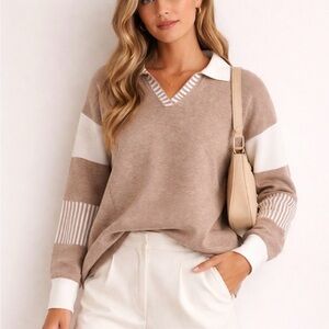 Old Money Tan Beige Oversized Collared Polo Sweater Academia Striped Sleeve XL
